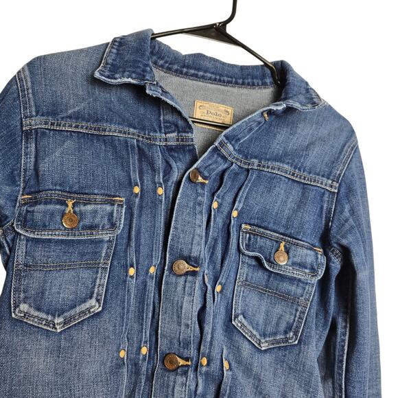 Vintage Polo Ralph Lauren S Small Dungaree Trucker Jacket Blue Distressed Denim - Picture 2 of 8